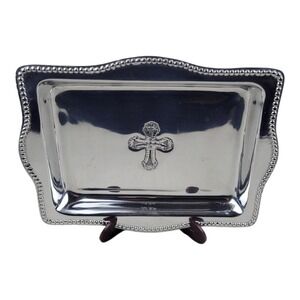 Beatriz Ball Vento Baby Cross Polished Aluminum Beaded Tray 4x6 Religious Gift